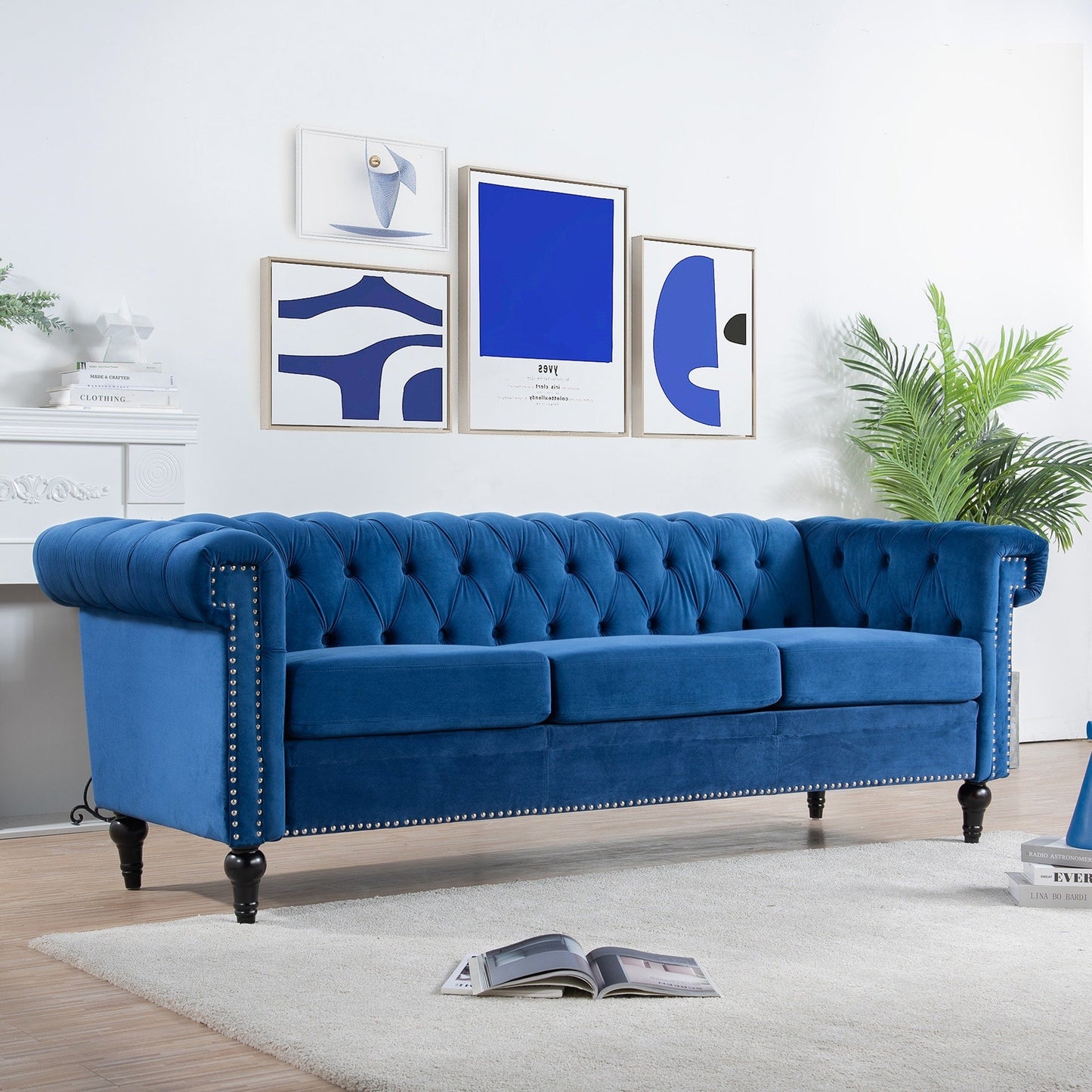 Canapé trois places traditionnel capitonné à accoudoirs carrés - 32,68 x 83,66 x 29,53