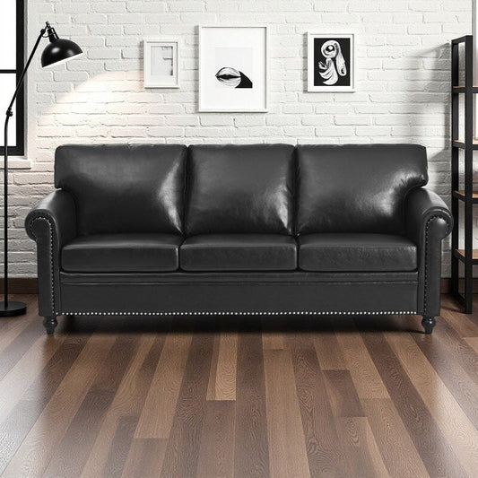 Canapé 3 places en tissu à accoudoirs enroulables, assise à ressorts ensachés, dossier en mousse PP et structure en bois massif (83,86 €)