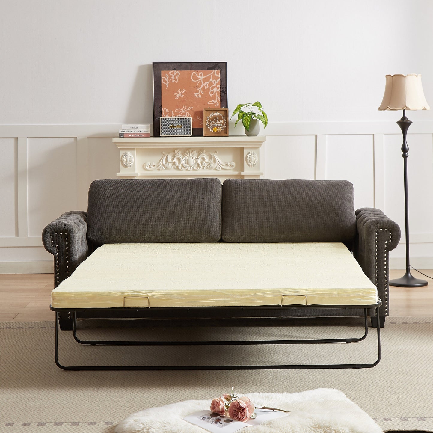 Canapé-lit convertible 2 en 1 en polyester 3 places avec matelas pliable pour salon