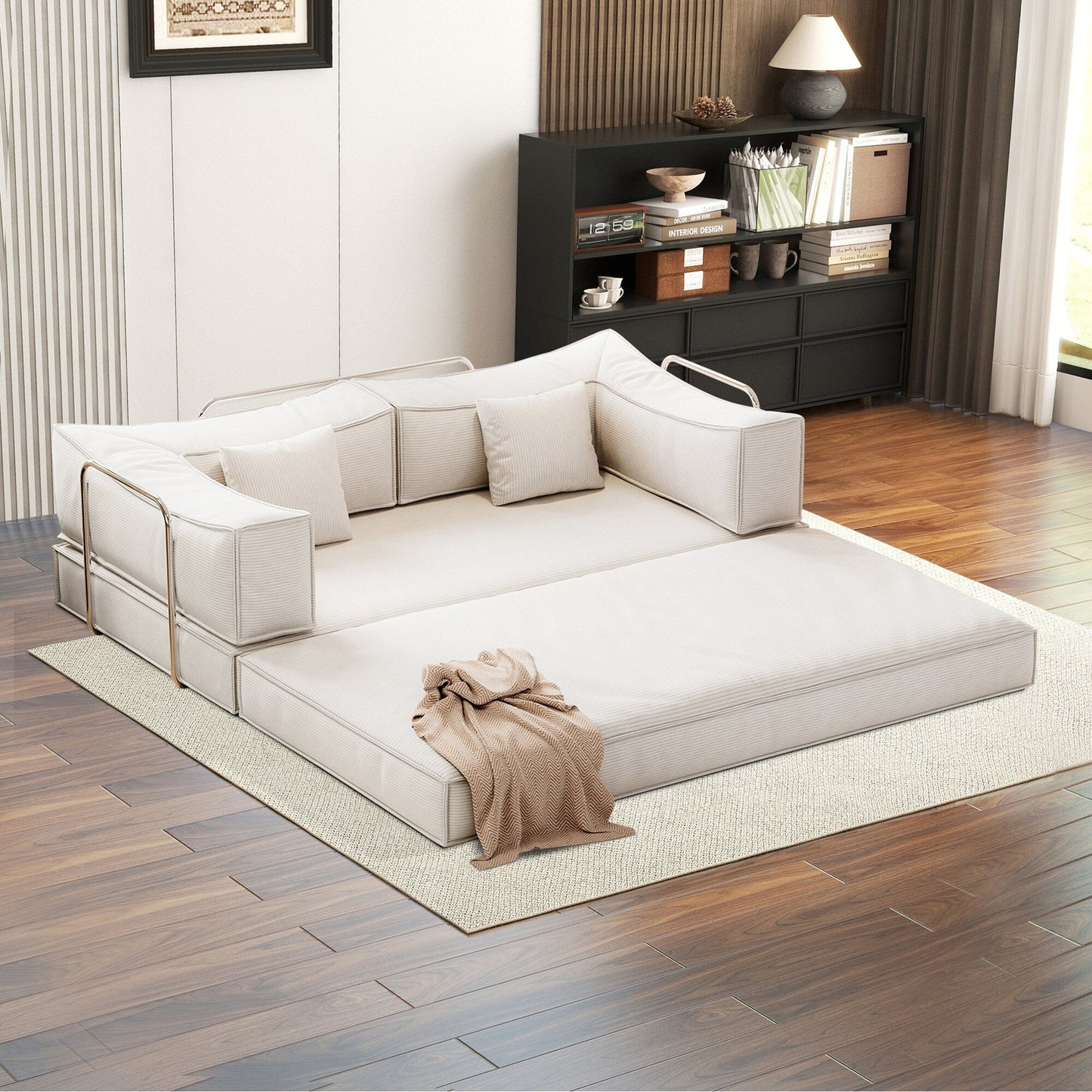 Canapé-lit convertible rembourré 83 en velours côtelé, futon pliable avec 2 oreillers