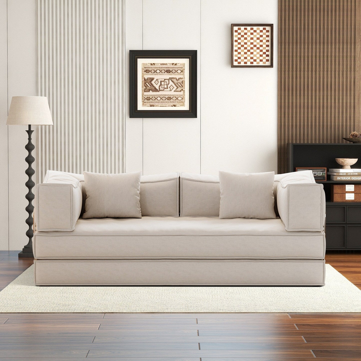 Canapé-lit convertible rembourré 83 en velours côtelé, futon pliable avec 2 oreillers