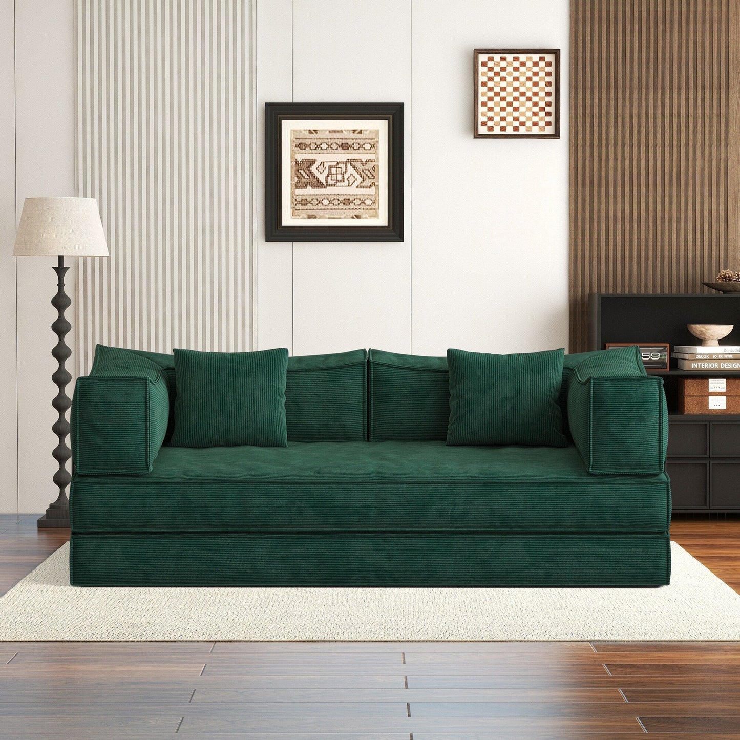 Canapé-lit convertible rembourré 83 en velours côtelé, futon pliable avec 2 oreillers