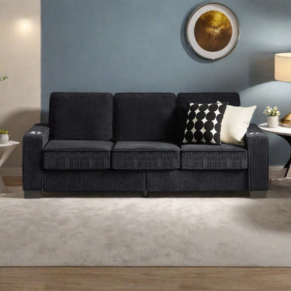 Canapé 3 places en velours côtelé 84,25 avec accoudoirs porte-gobelets - Coussins en éponge haute densité et à ressorts