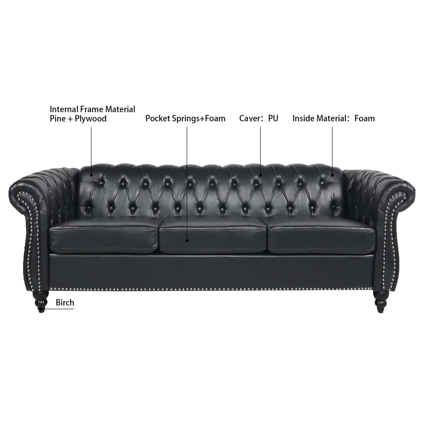 Canapé Chesterfield trois places en similicuir avec accoudoirs roulés