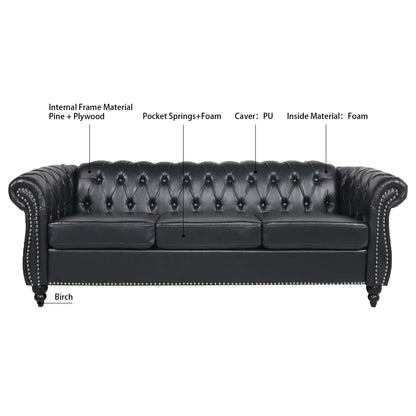 Canapé Chesterfield trois places en similicuir avec accoudoirs roulés