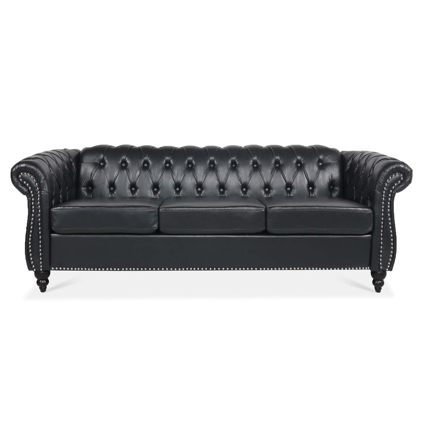 Canapé Chesterfield trois places en similicuir avec accoudoirs roulés