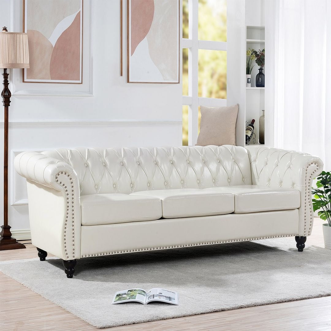 Canapé Chesterfield capitonné en similicuir avec accoudoirs roulés (84,65 po)