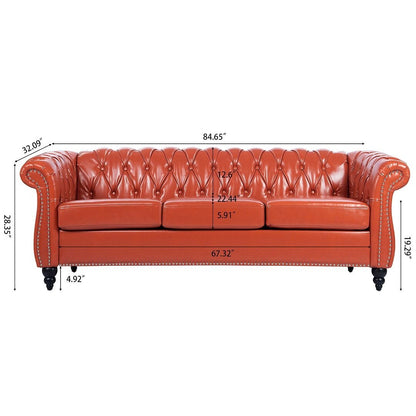 Canapé Chesterfield capitonné en similicuir avec accoudoirs roulés (84,65 po)