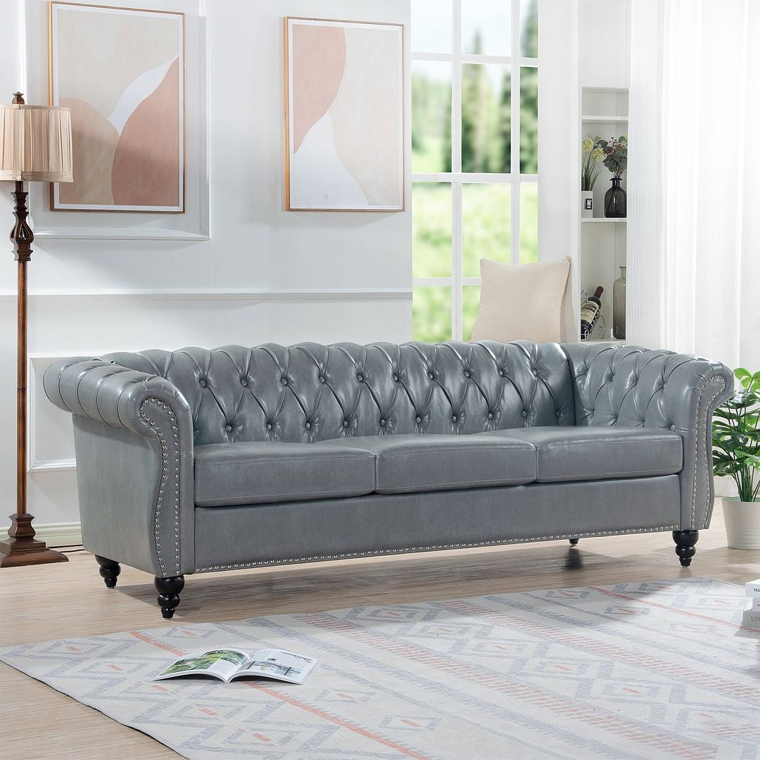 Canapé Chesterfield capitonné en similicuir avec accoudoirs roulés (84,65 po)