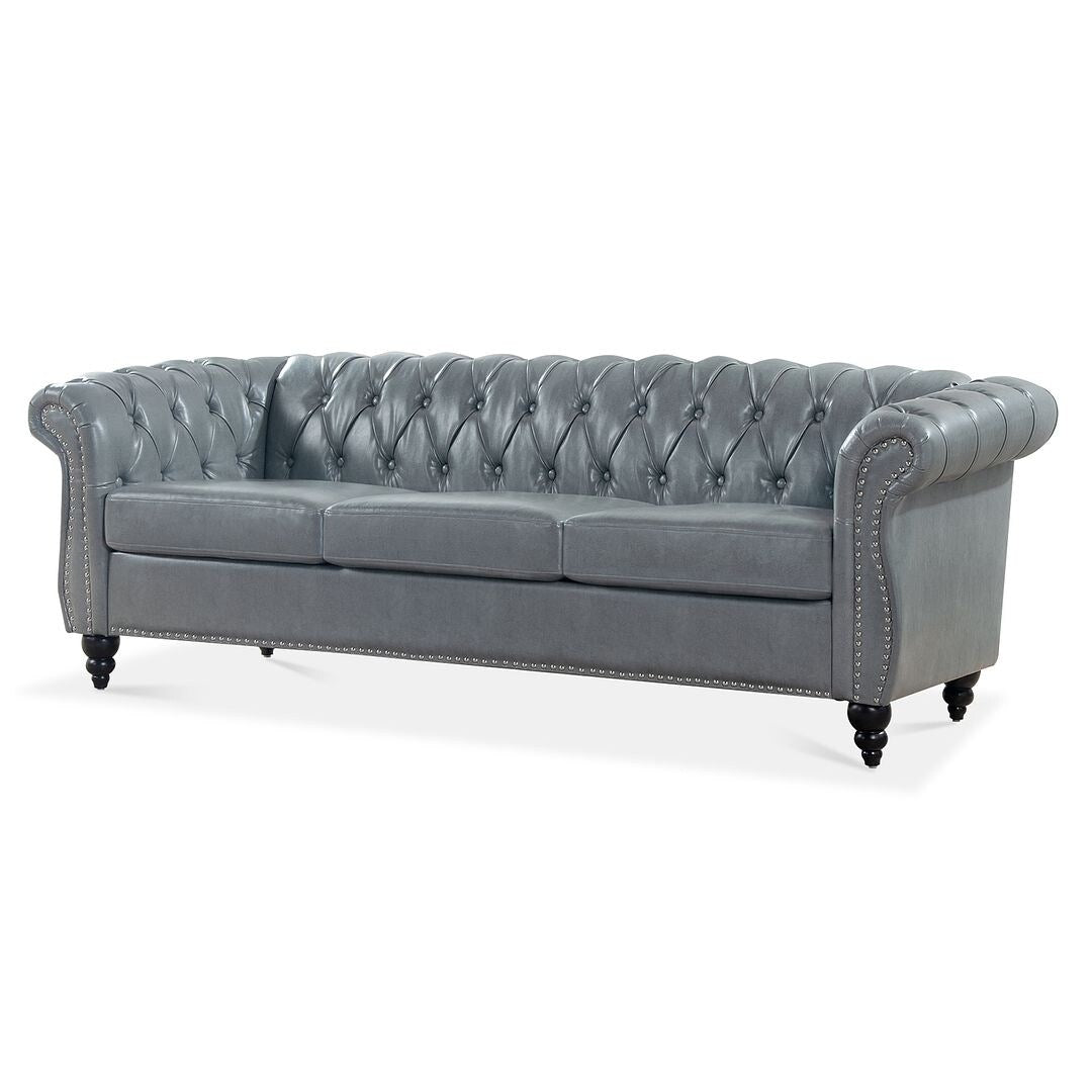 Canapé Chesterfield capitonné en similicuir avec accoudoirs roulés (84,65 po)