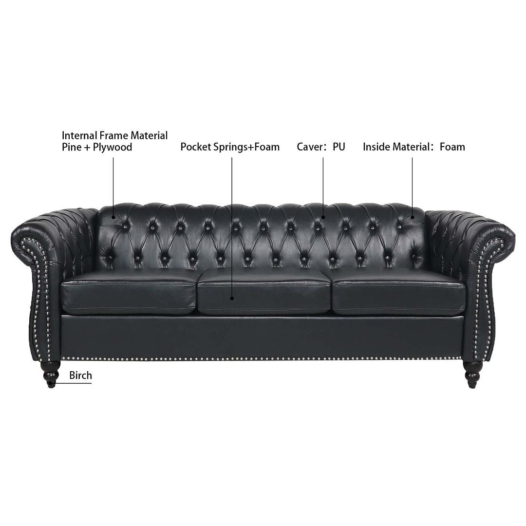 Canapé Chesterfield capitonné en similicuir avec accoudoirs roulés (84,65 po)