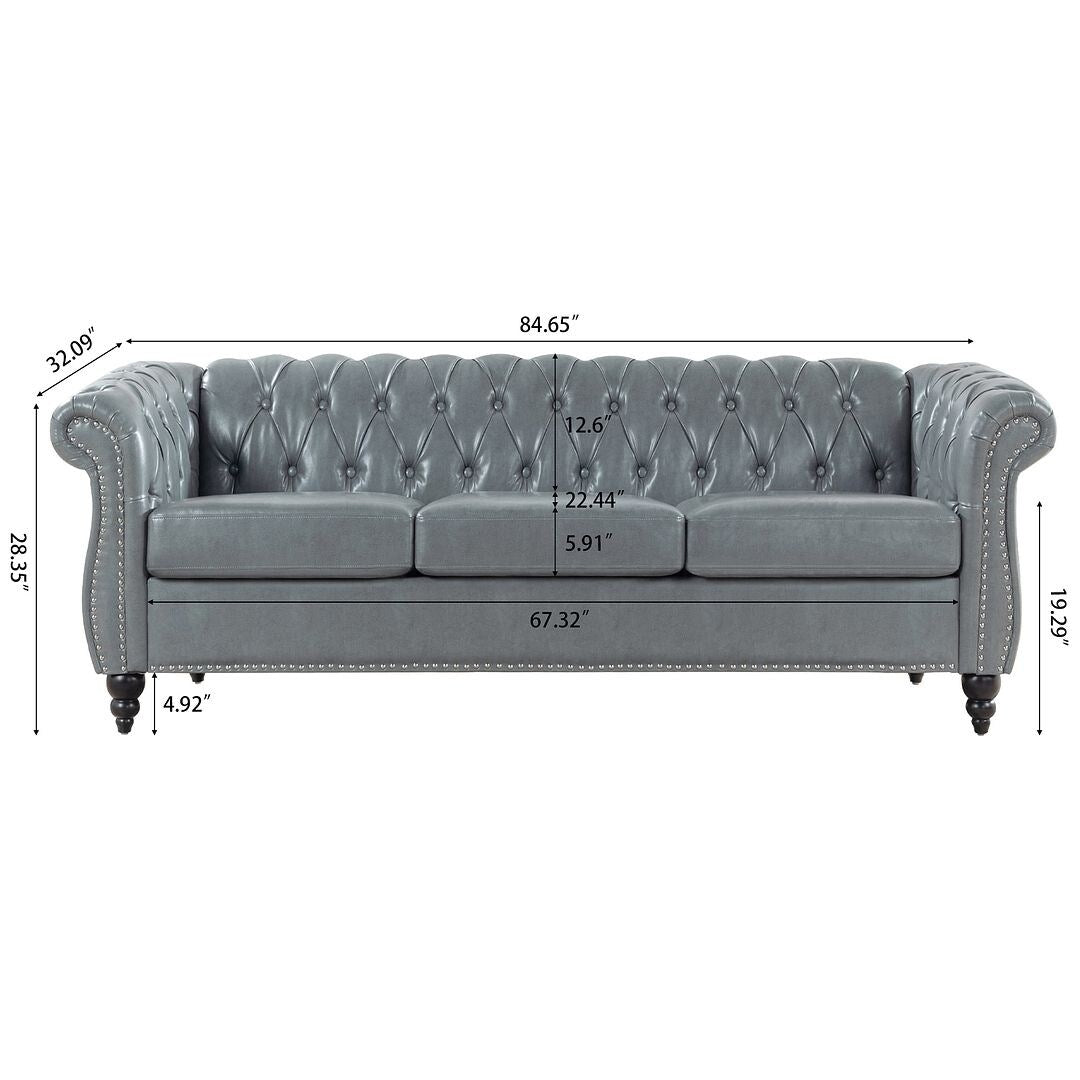 Canapé Chesterfield capitonné en similicuir avec accoudoirs roulés (84,65 po)