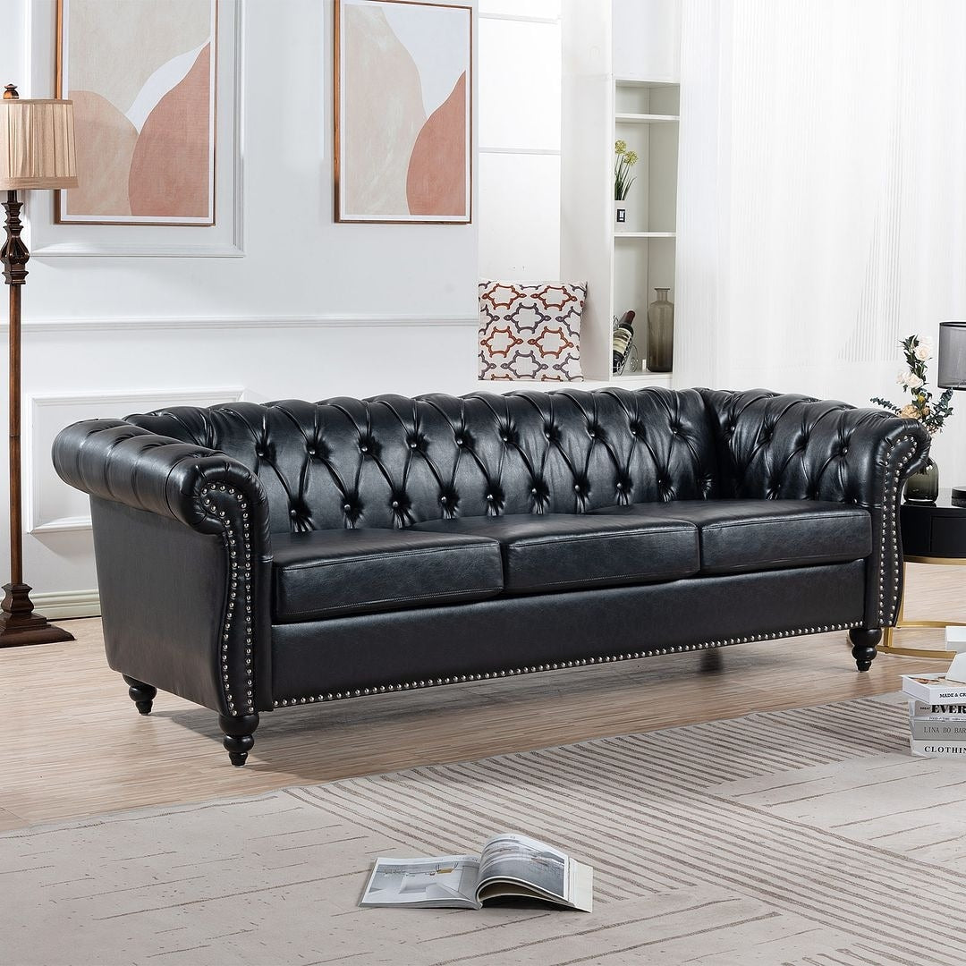 Canapé Chesterfield capitonné en similicuir avec accoudoirs roulés (84,65 po)
