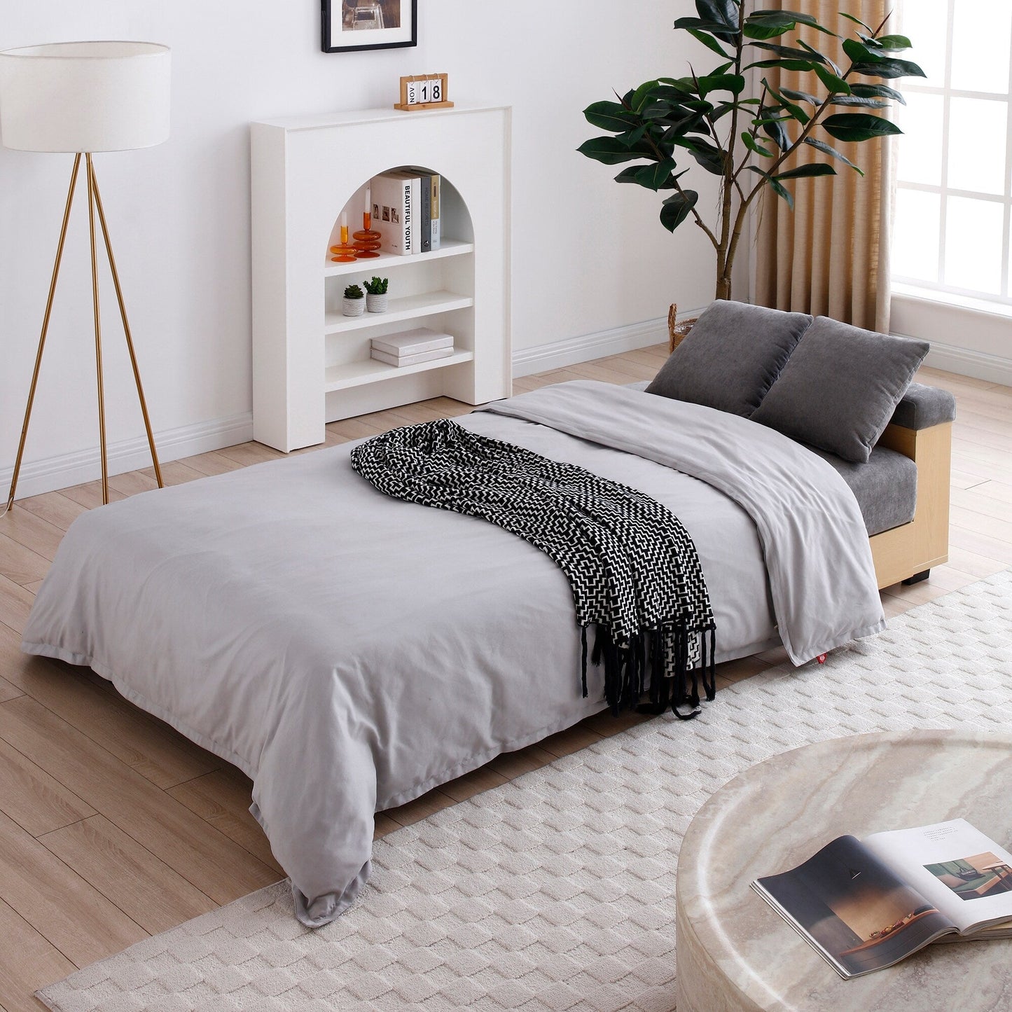 Canapé-lit convertible 3 places en coton et lin (84,65 €) avec pouf de rangement, table rabattable et 2 tiroirs