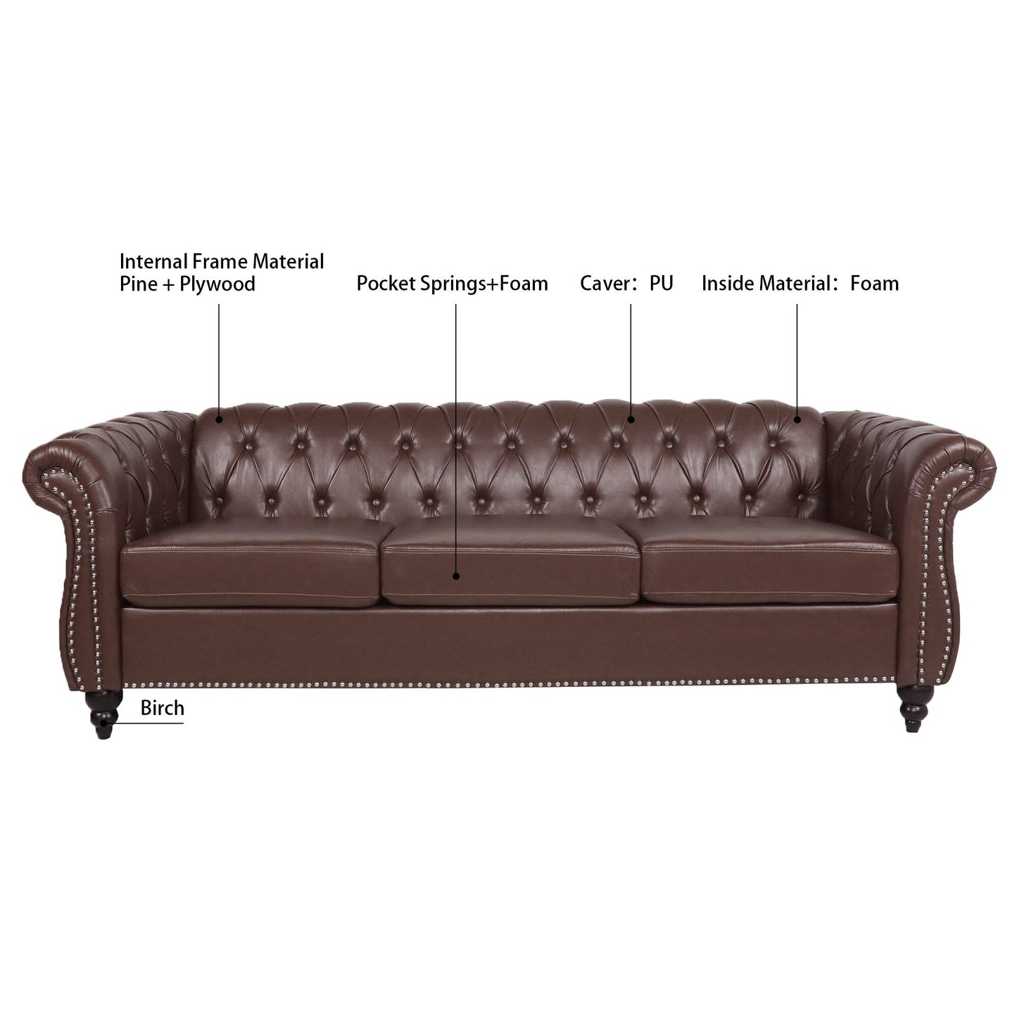 Canapé Chesterfield en similicuir avec accoudoirs roulés (3 places)