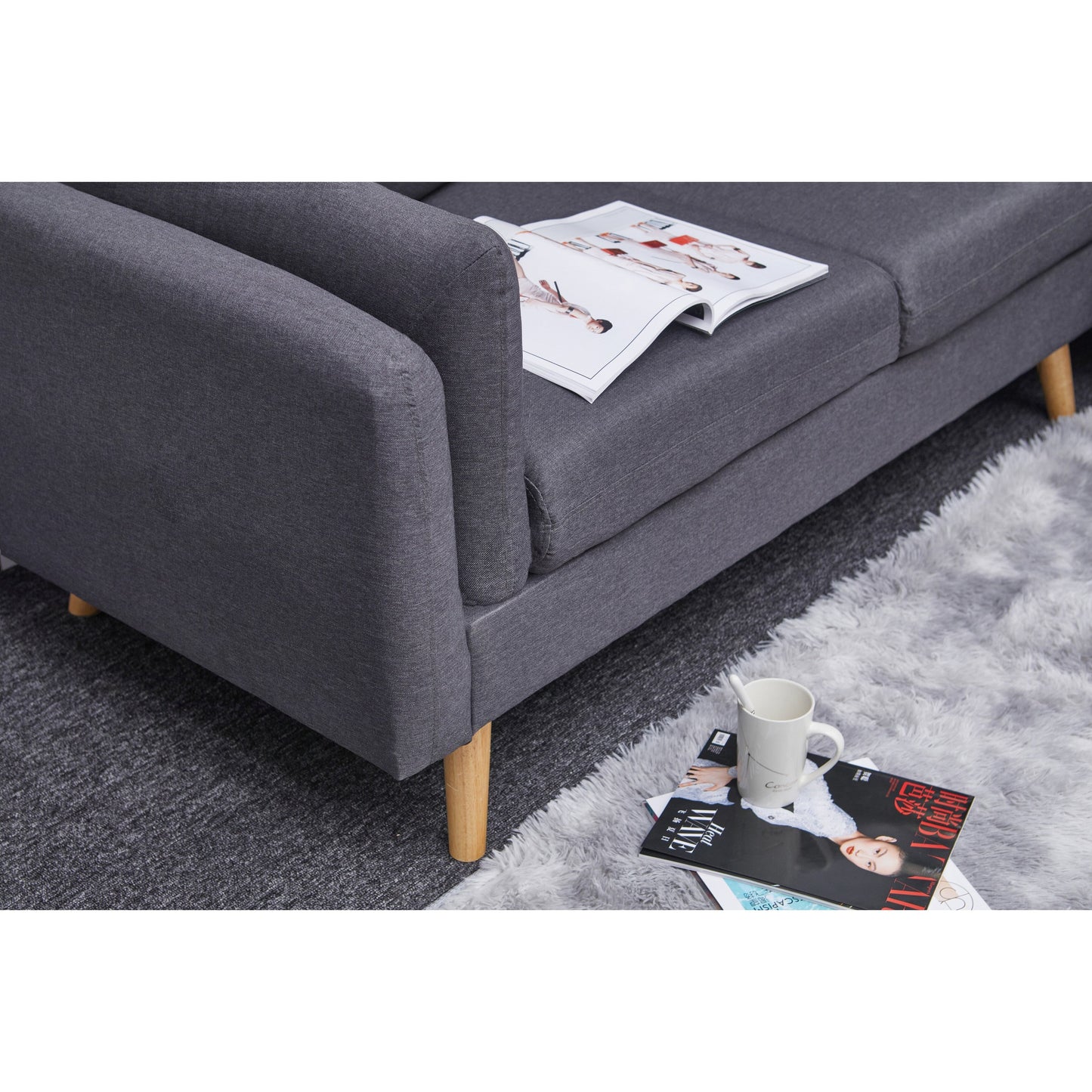 Canapé 3 places en L en lin de 84,6 pouces avec méridienne réversible, coussins à ressorts indépendants, structure en bois massif et accoudoirs doubles