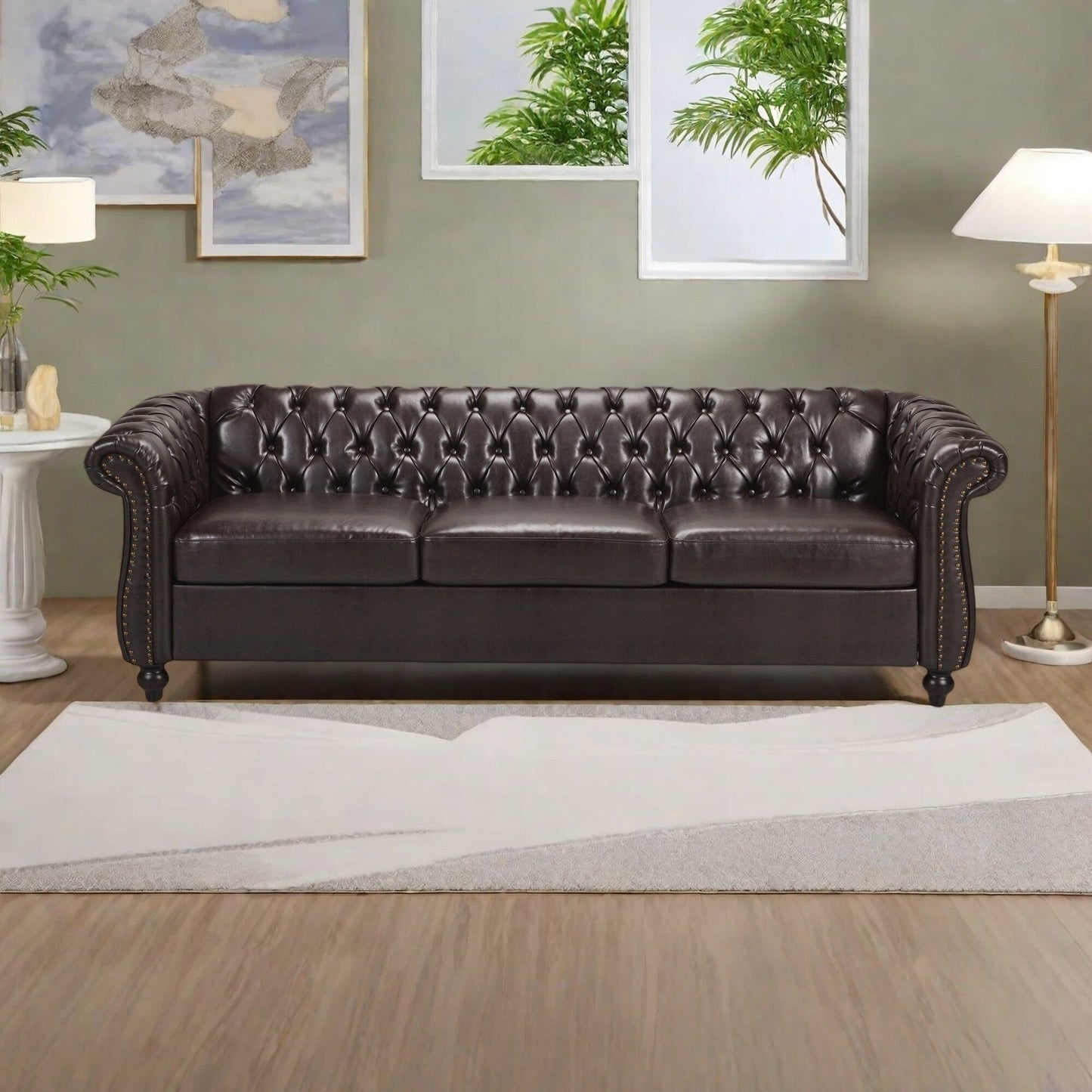 Canapé 3 places en PU 84,75 $ – Design classique capitonné avec clous décoratifs et accoudoirs à volutes