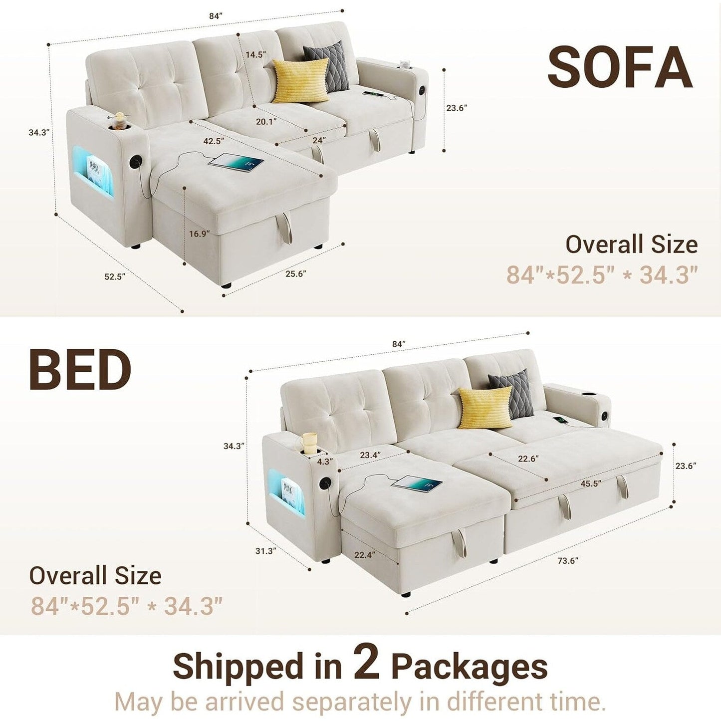 Canapé-lit 84 places, canapé-lit modulaire sectionnel Cloud avec rangement réversible