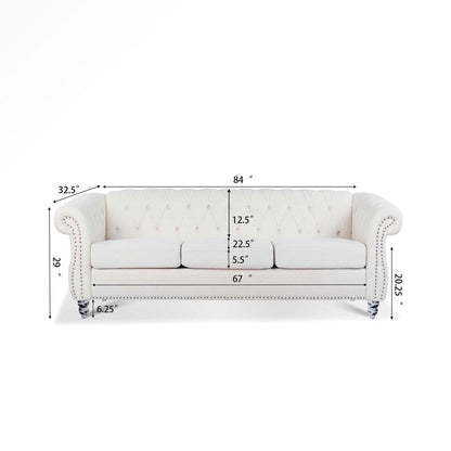 Canapé Chesterfield 3 places blanc à accoudoirs roulés 84