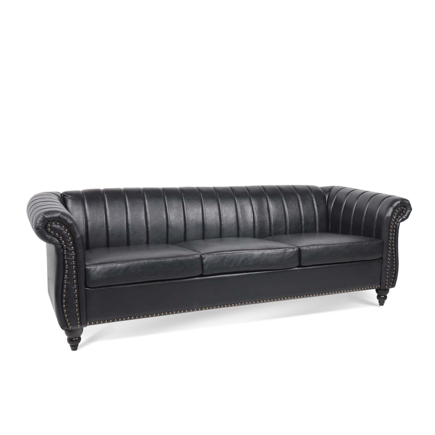 Canapé Chesterfield trois places à accoudoirs roulés en PU de 84 po