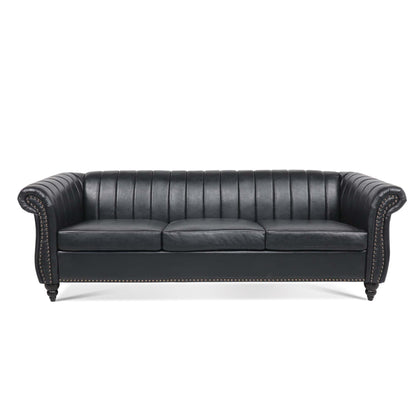 Canapé Chesterfield trois places à accoudoirs roulés en PU de 84 po