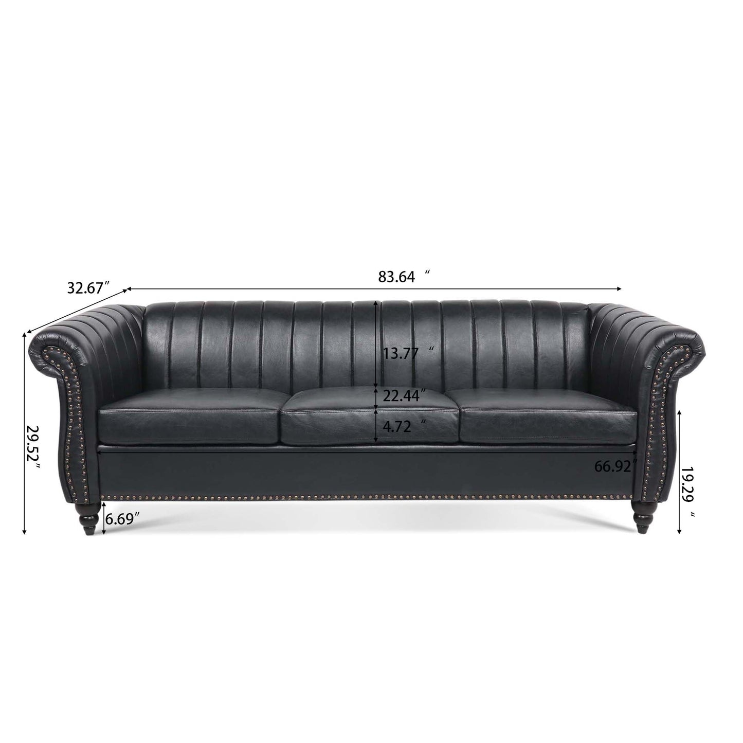 Canapé Chesterfield trois places à accoudoirs roulés en PU de 84 po