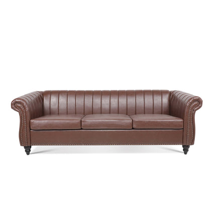 Canapé Chesterfield trois places à accoudoirs roulés en PU de 84 po