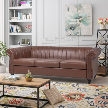Canapé Chesterfield trois places à accoudoirs roulés en PU de 84 po