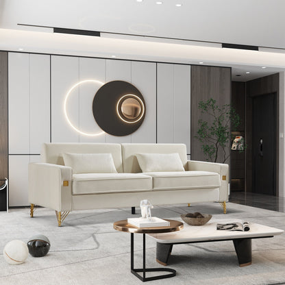 Canapé 3 places en velours moderne 85,44 $ avec 2 coussins, pieds en métal doré, élégance intemporelle, mousse haute densité