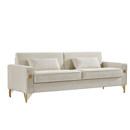 Canapé 3 places en velours moderne 85,44 $ avec 2 coussins, pieds en métal doré, élégance intemporelle, mousse haute densité