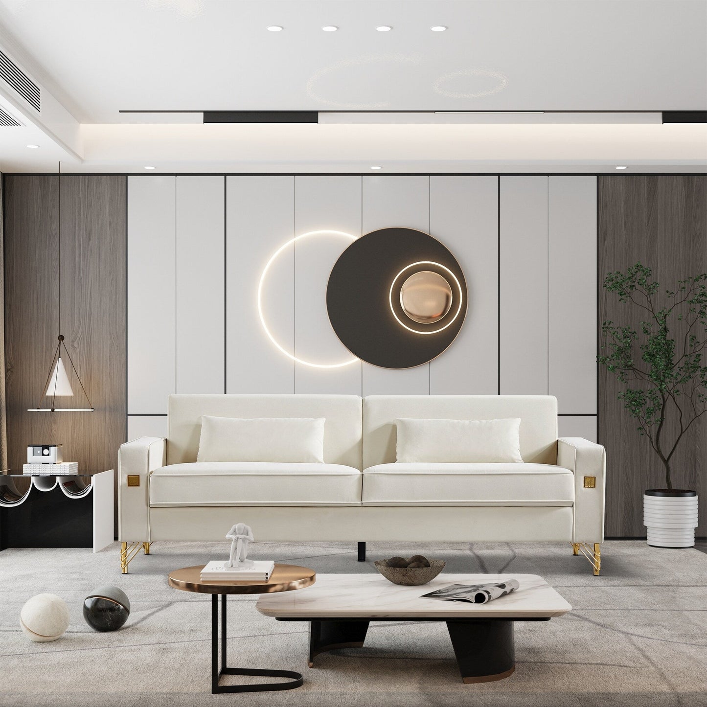 Canapé 3 places en velours moderne 85,44 $ avec 2 coussins, pieds en métal doré, élégance intemporelle, mousse haute densité