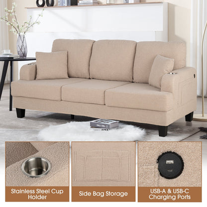 Canapé 3 places moderne en velours côtelé beige avec port USB et 2 oreillers