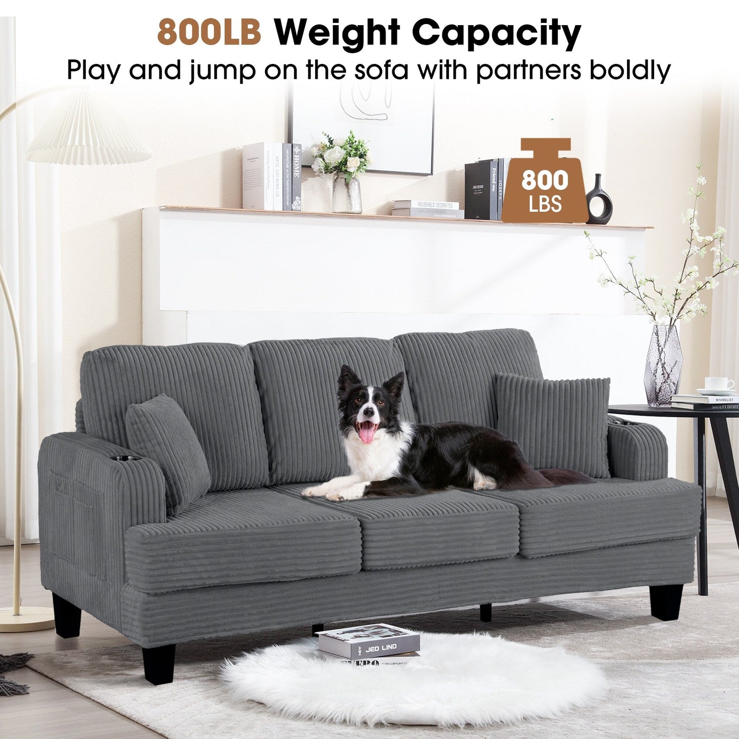 Canapé rectangulaire moderne 3 places en velours côtelé avec port USB et 2 oreillers