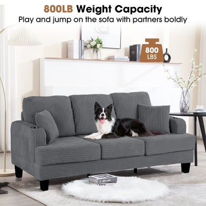 Canapé rectangulaire moderne 3 places en velours côtelé avec port USB et 2 oreillers