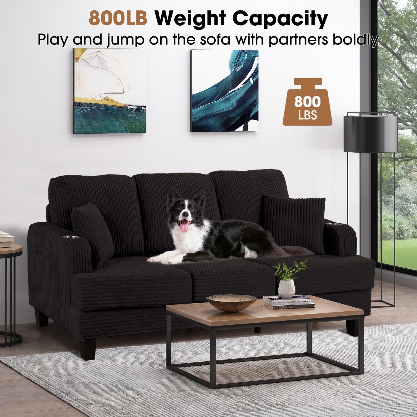 Canapé rectangulaire moderne 3 places en velours côtelé avec port USB et 2 oreillers