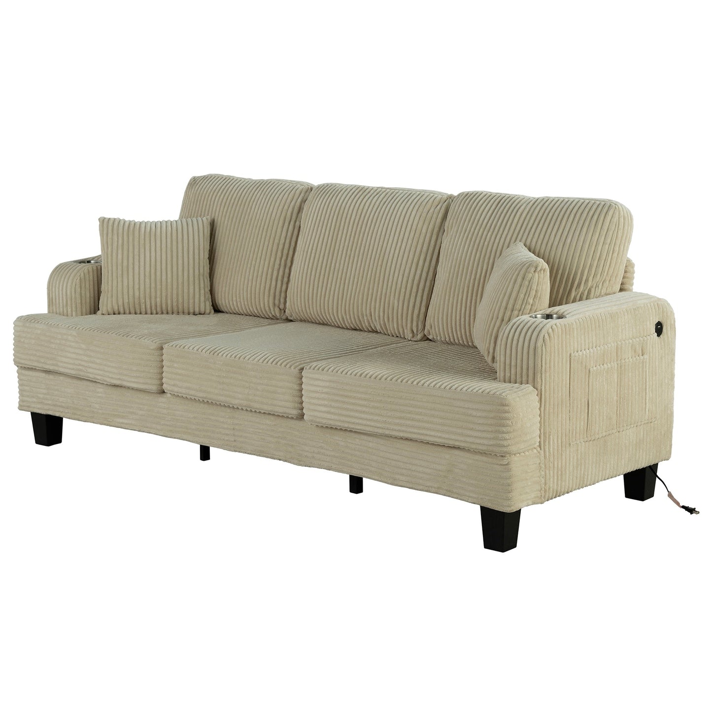 Canapé rectangulaire moderne 3 places en velours côtelé avec port USB et 2 oreillers