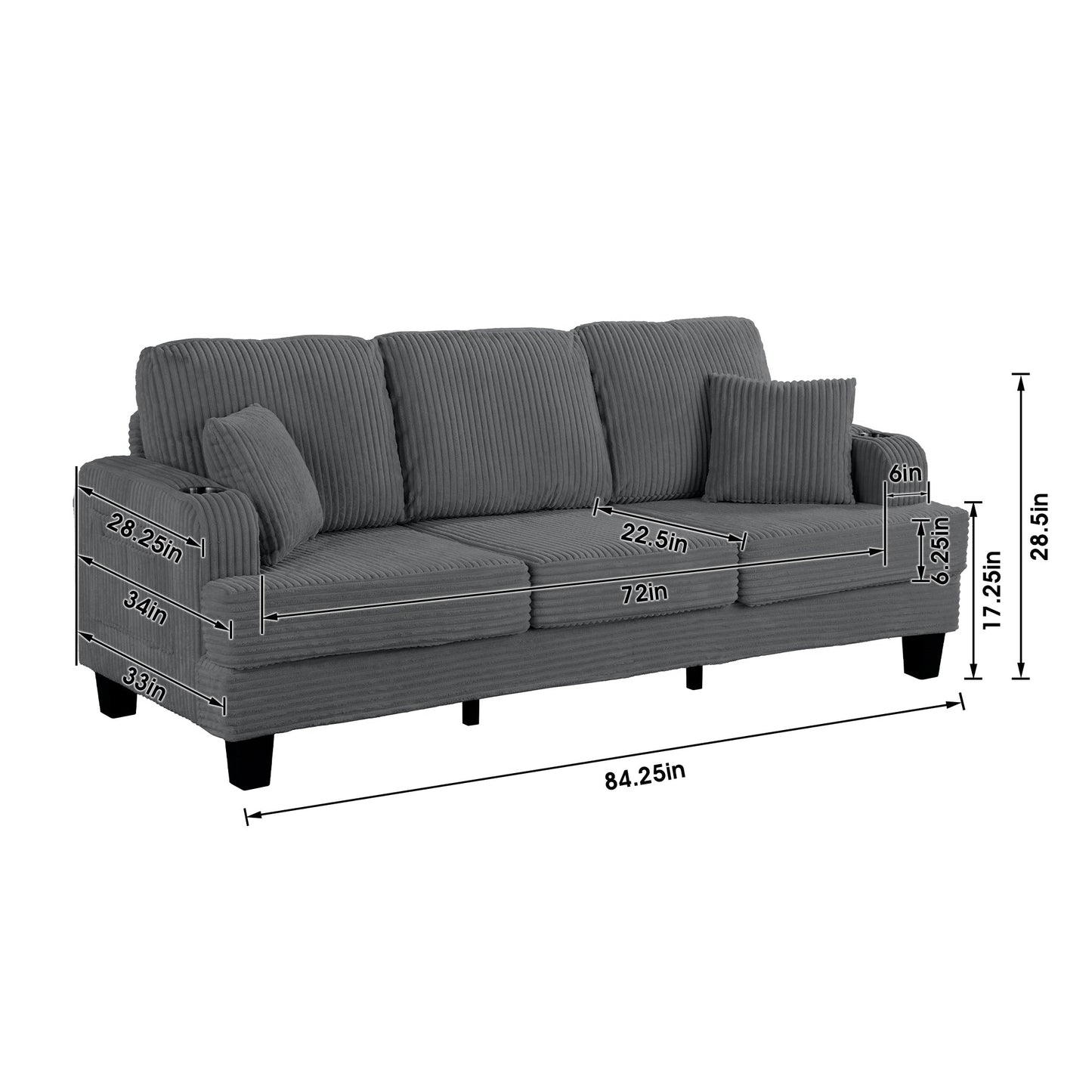 Canapé rectangulaire moderne 3 places en velours côtelé avec port USB et 2 oreillers