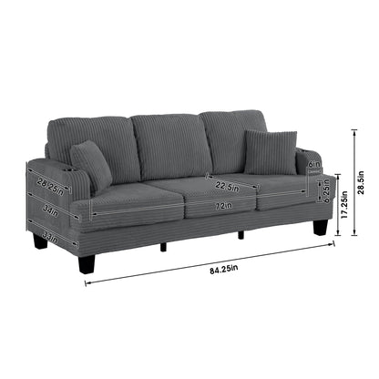 Canapé rectangulaire moderne 3 places en velours côtelé avec port USB et 2 oreillers