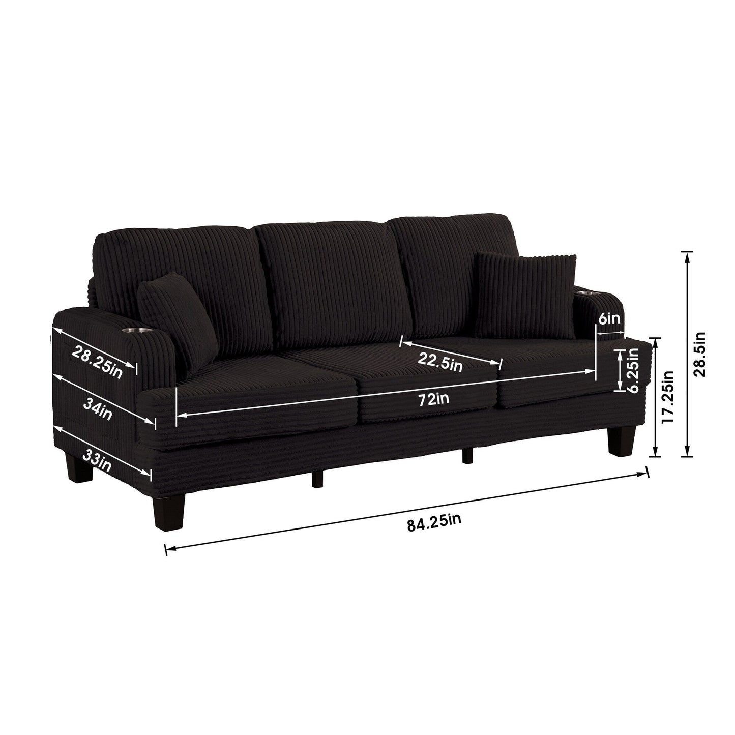 Canapé rectangulaire moderne 3 places en velours côtelé avec port USB et 2 oreillers