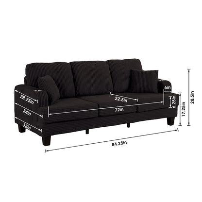 Canapé rectangulaire moderne 3 places en velours côtelé avec port USB et 2 oreillers