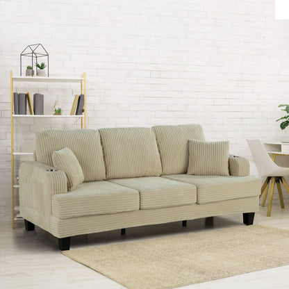 Canapé rectangulaire moderne 3 places en velours côtelé avec port USB et 2 oreillers