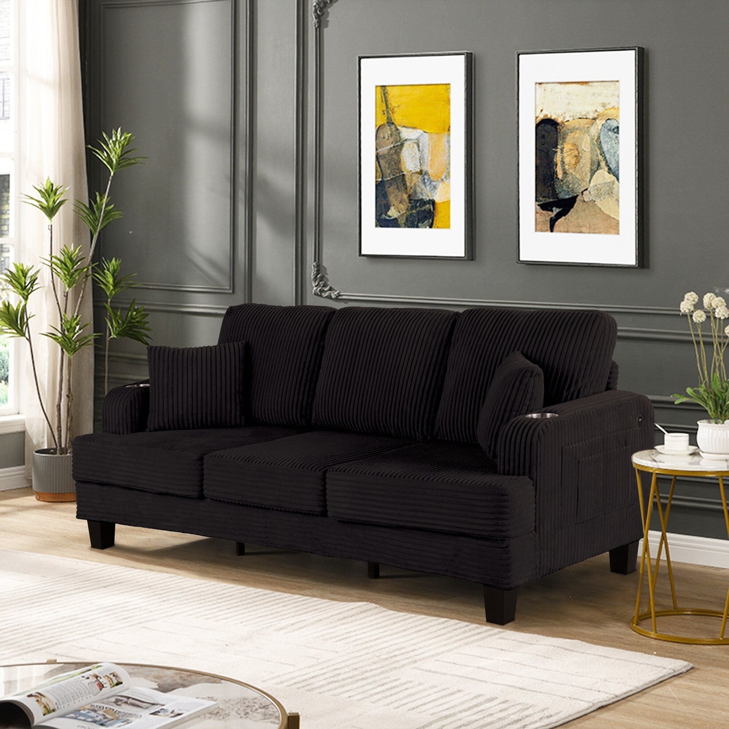 Canapé rectangulaire moderne 3 places en velours côtelé avec port USB et 2 oreillers