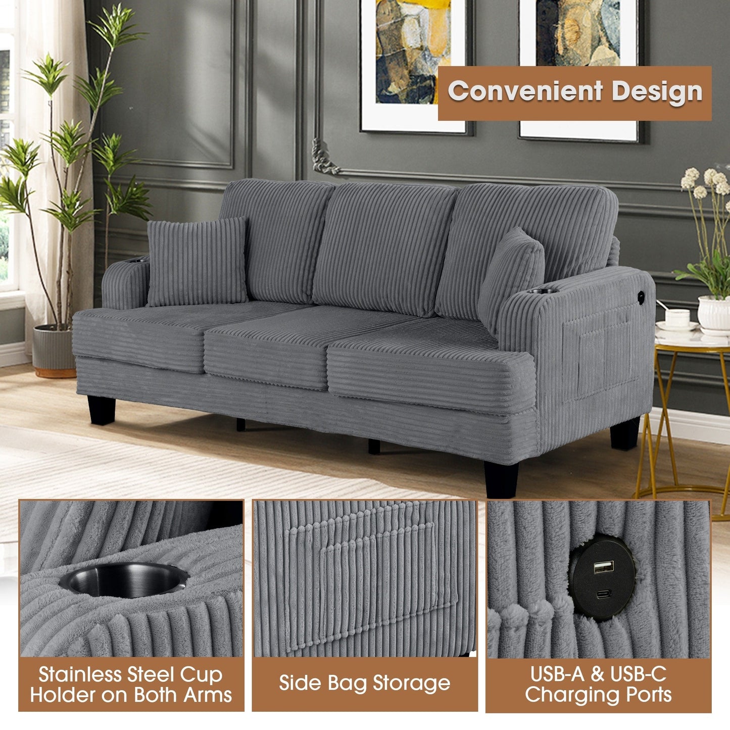 Canapé rectangulaire moderne 3 places en velours côtelé avec port USB et 2 oreillers