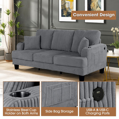 Canapé rectangulaire moderne 3 places en velours côtelé avec port USB et 2 oreillers