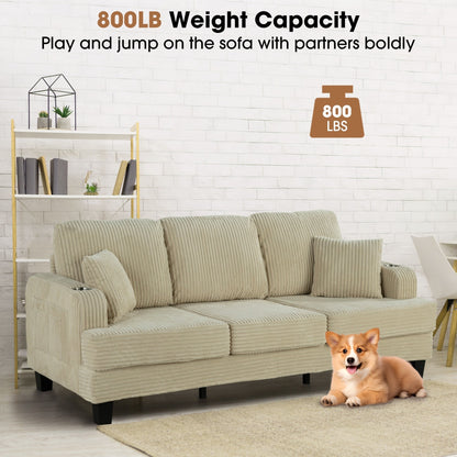 Canapé rectangulaire moderne 3 places en velours côtelé avec port USB et 2 oreillers