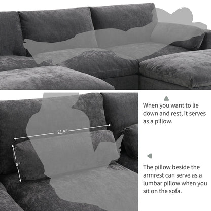 Canapé sectionnel en chenille en forme de U de 86,5 pouces avec poches de rangement, 2 poufs amovibles et coussins décoratifs pour le salon