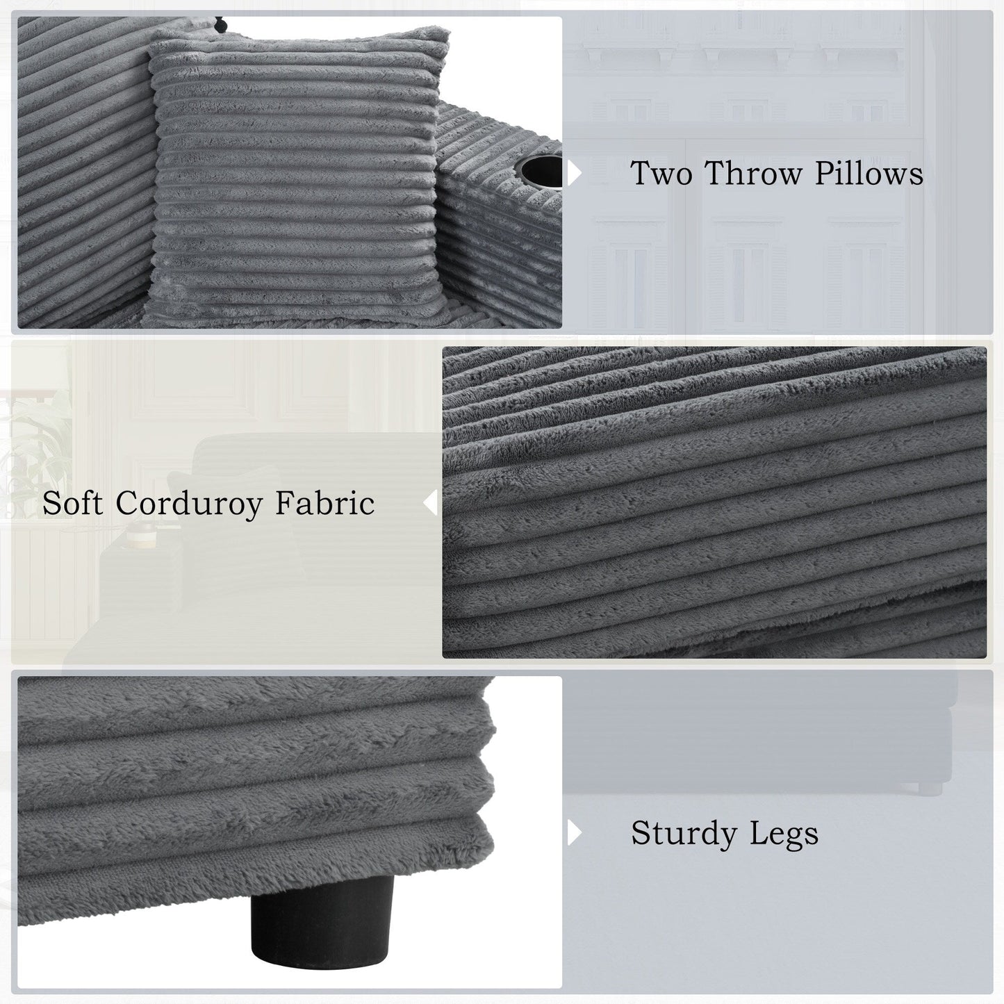 Canapé-lit en velours côtelé de 86,5 po avec 2 ports USB, porte-gobelets et capacité de charge de 250 kg