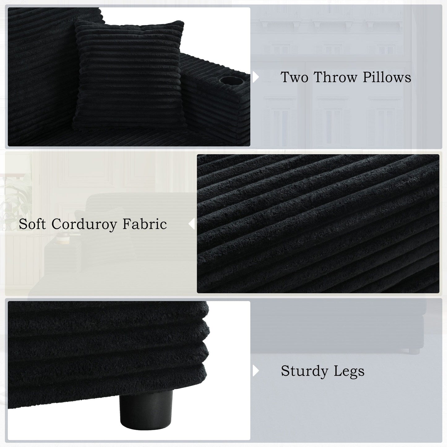 Canapé-lit en velours côtelé de 86,5 po avec 2 ports USB, porte-gobelets et capacité de charge de 250 kg