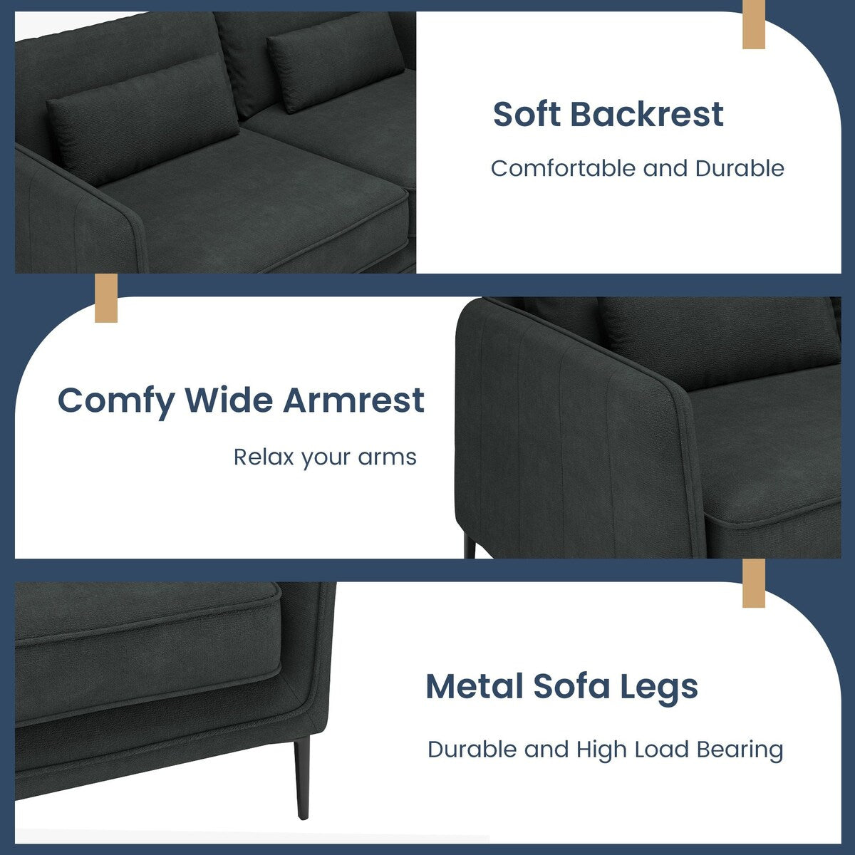 Canapé minimaliste moderne anti-rayures et imperméable 86,61 po, gris foncé