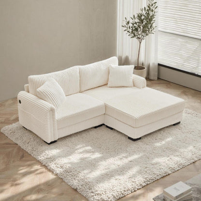 Canapé réversible 2 places en L en velours côtelé avec chargement USB-C et poche de rangement pour le salon